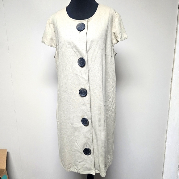 Tash + Sophia Dresses & Skirts - Tash & Sophie Linen Blend Lagenlook Dress Buttons Pockets Cap Sleeves Neutral